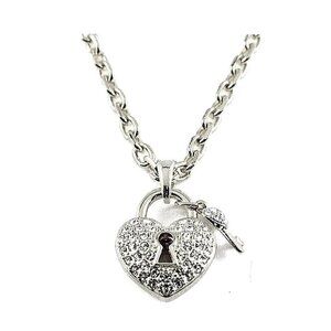 18" Heart & Key Pave Clear Crystal Silvertone Chain Link Charm Keyhole Necklace